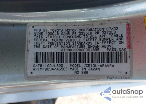 2002 Lexus Is 300 z USA, uszkodzony, nr VIN JTHBD192820061895